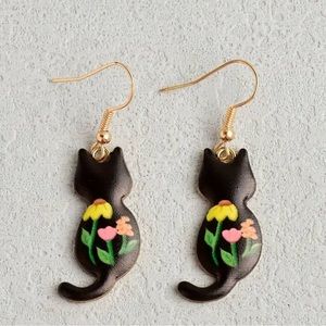 Sale! Black Floral Garden Kitty Earrings